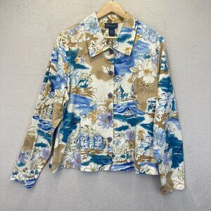 Artscapes Artsy Button Up Jacket Womens XL Blue Tan Art to Wear Floral Scenic